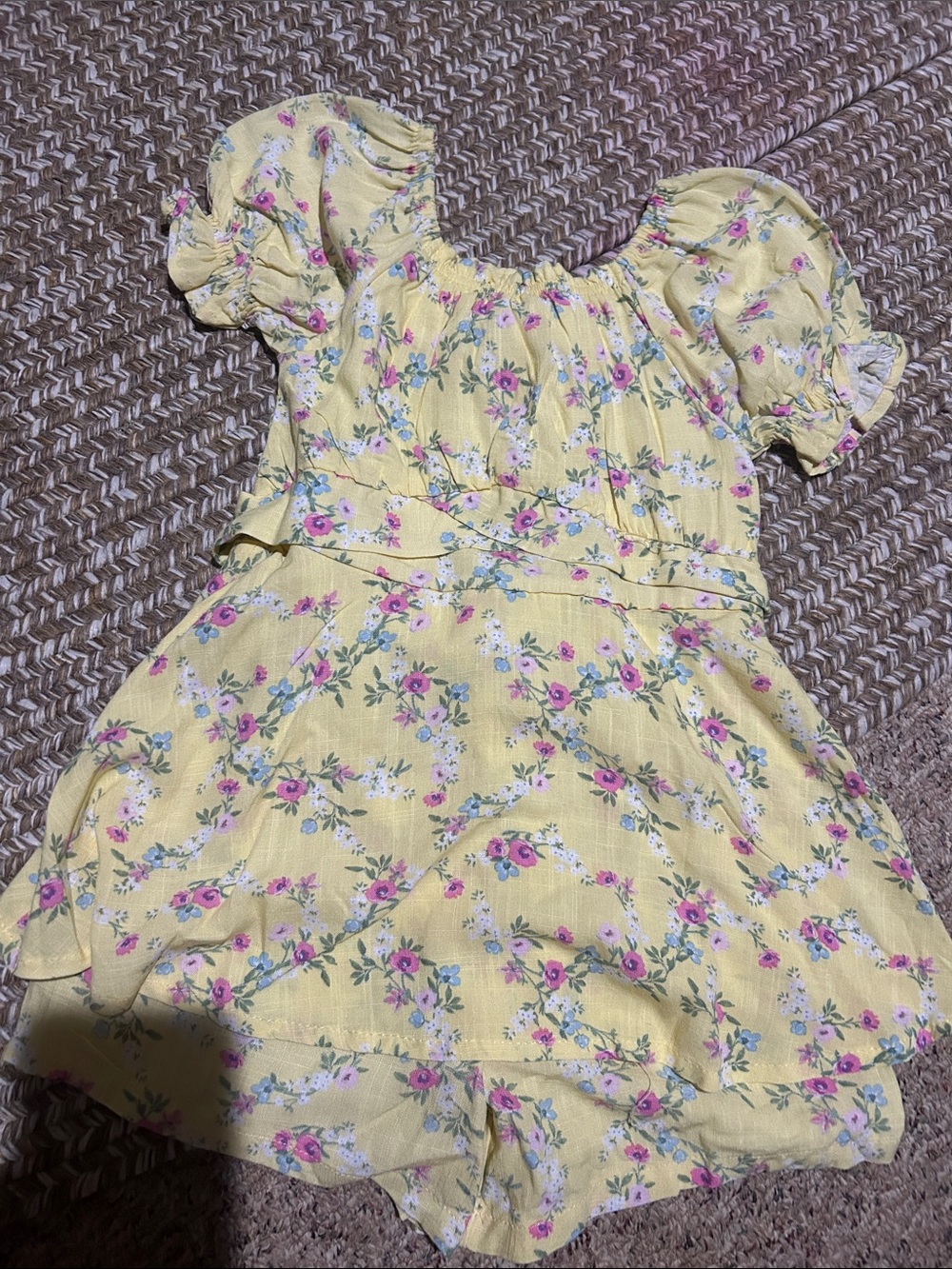 Lemon Yellow Floral Puff-Sleeve Dress with Pink Blossoms
